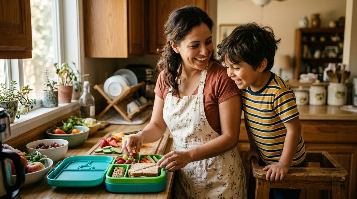 Mamá preparando la lonchera con su hijo